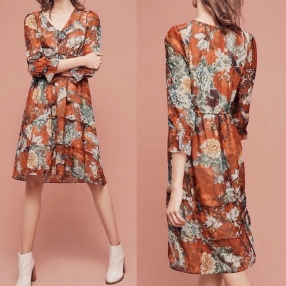 Hemant & Nandita Zeri Floral‎ Botanical Tiered Dress Brown Boho Hippiecore Sz 10